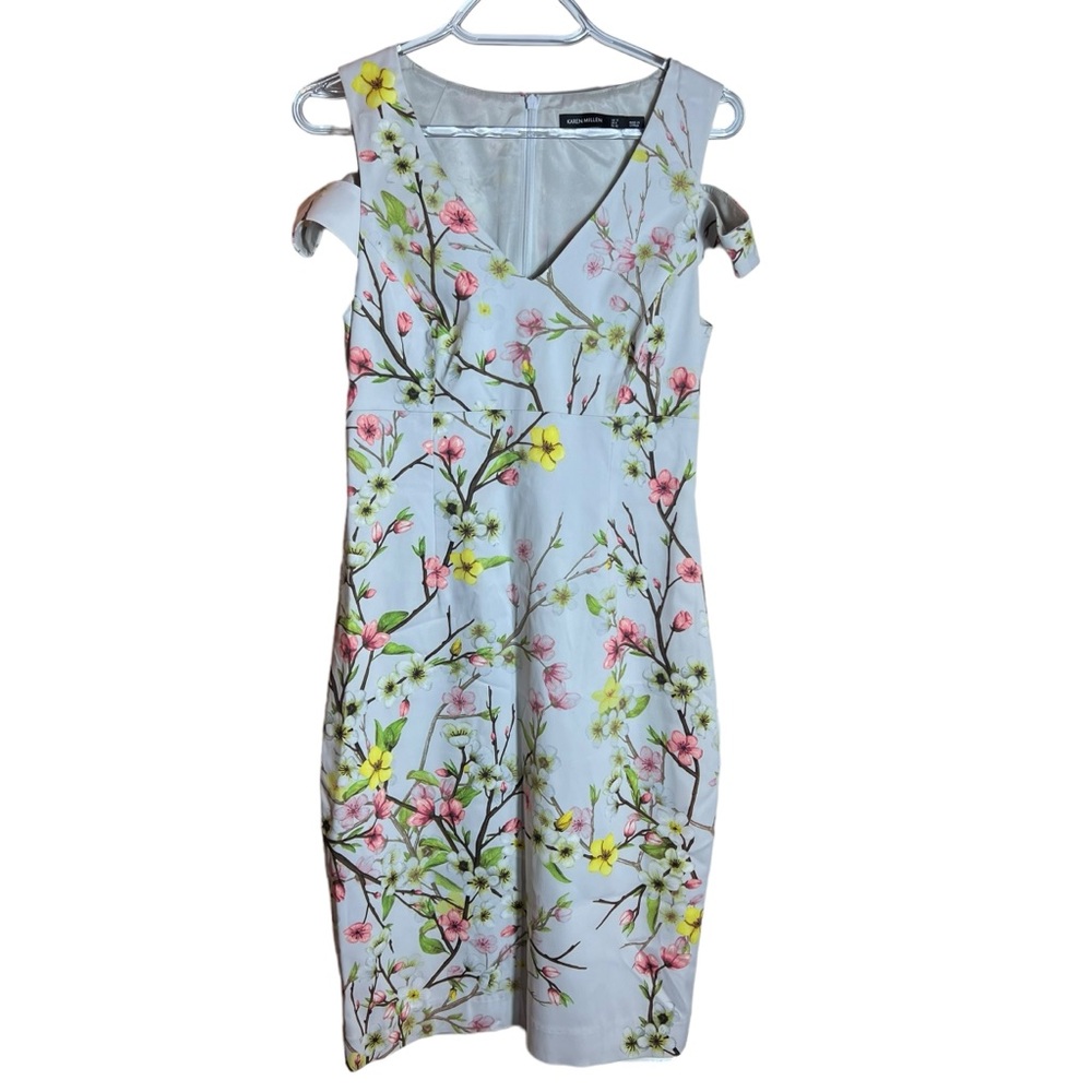 Karen Millen Blossom Print Floral Pencil Dress in Pale Blue, US Size 8